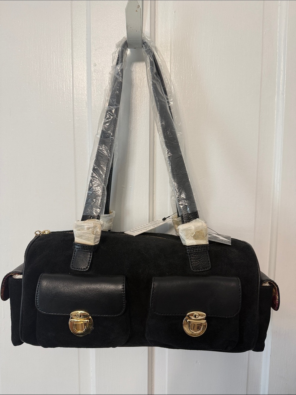 NWT Maxx New York Black Suede and Leather Dual-Pocket Shoulder Bag